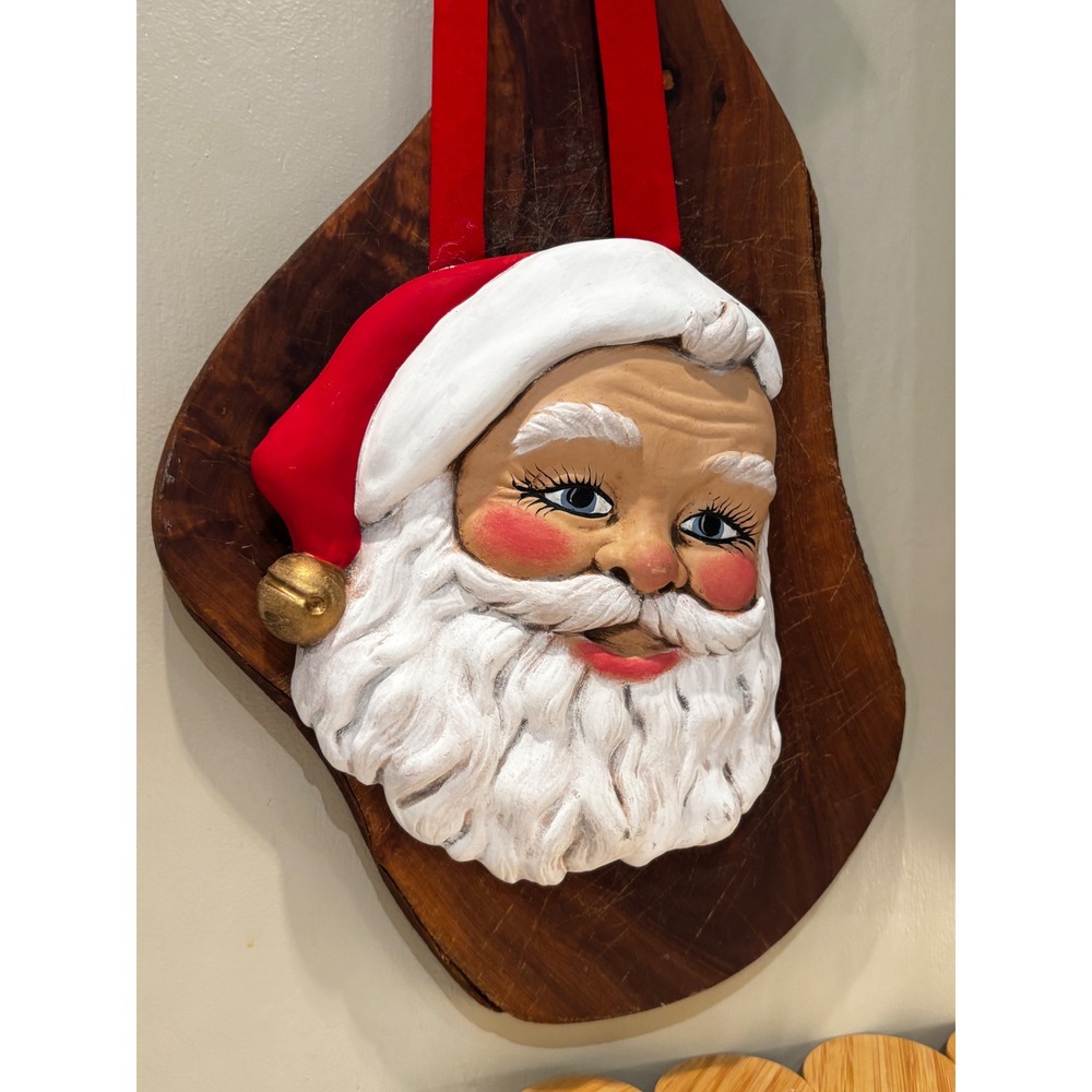 Vintage 1984 Hand Painted Ceramic Santa Claus Wood Slab Wall Hanging Plaque